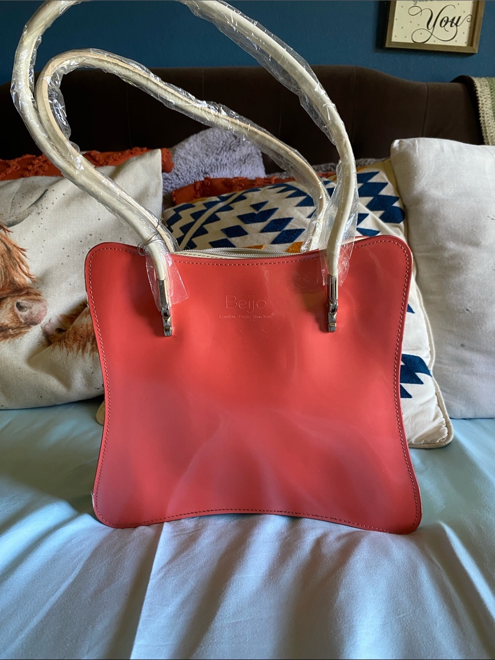 Beijo Coral-Pink Tote with White Handles